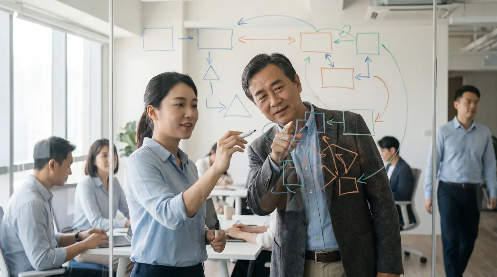 顧問與企業在白板上梳理流程與工具串接