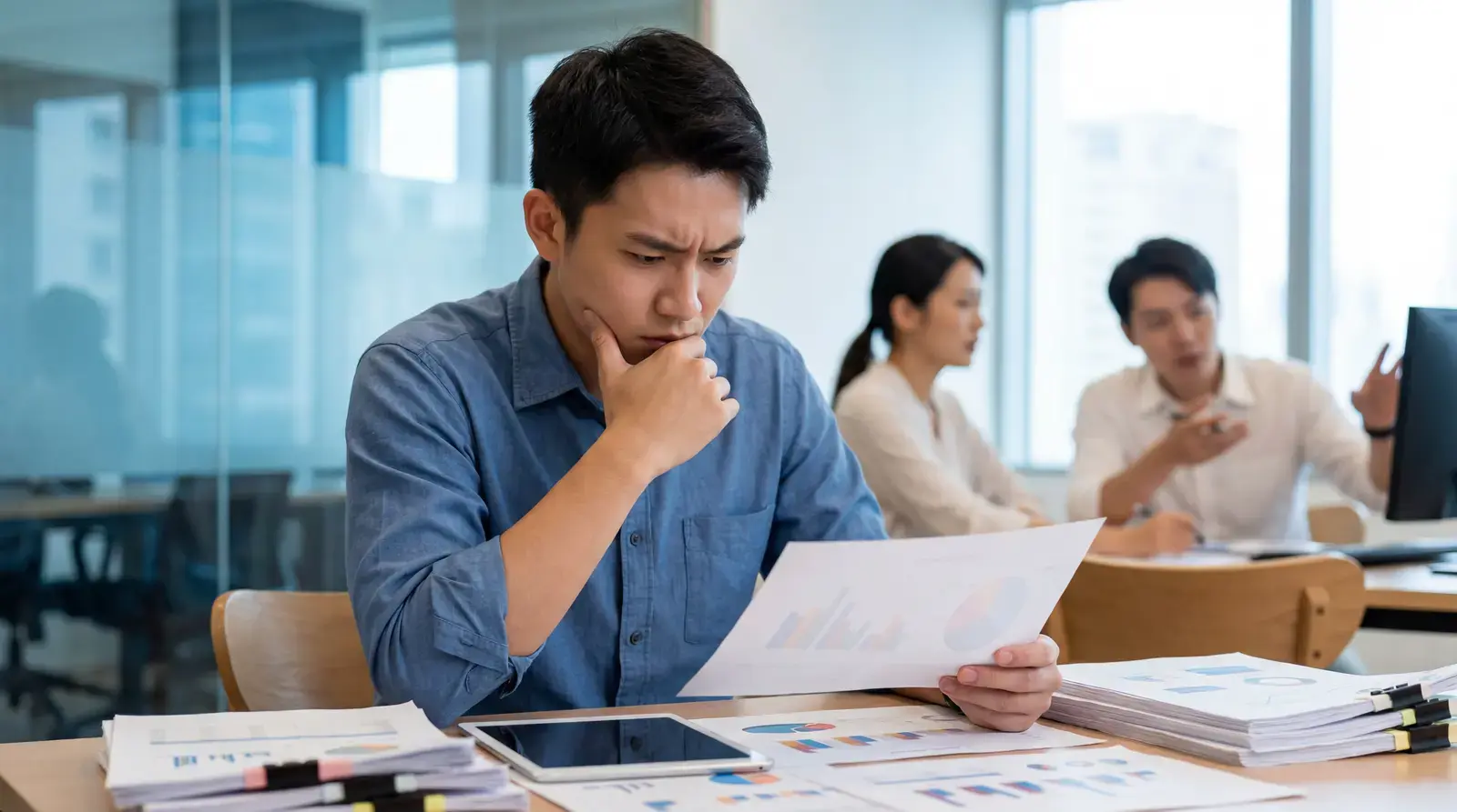 經營者檢視報表發現落後同業的示意
