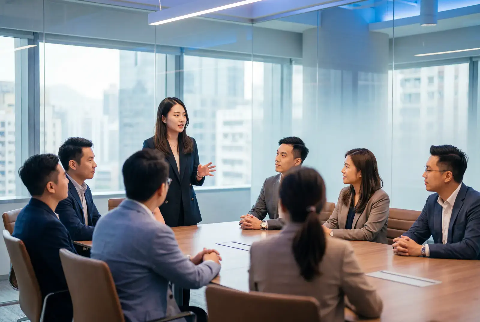 一位年輕主管在決策桌主持討論