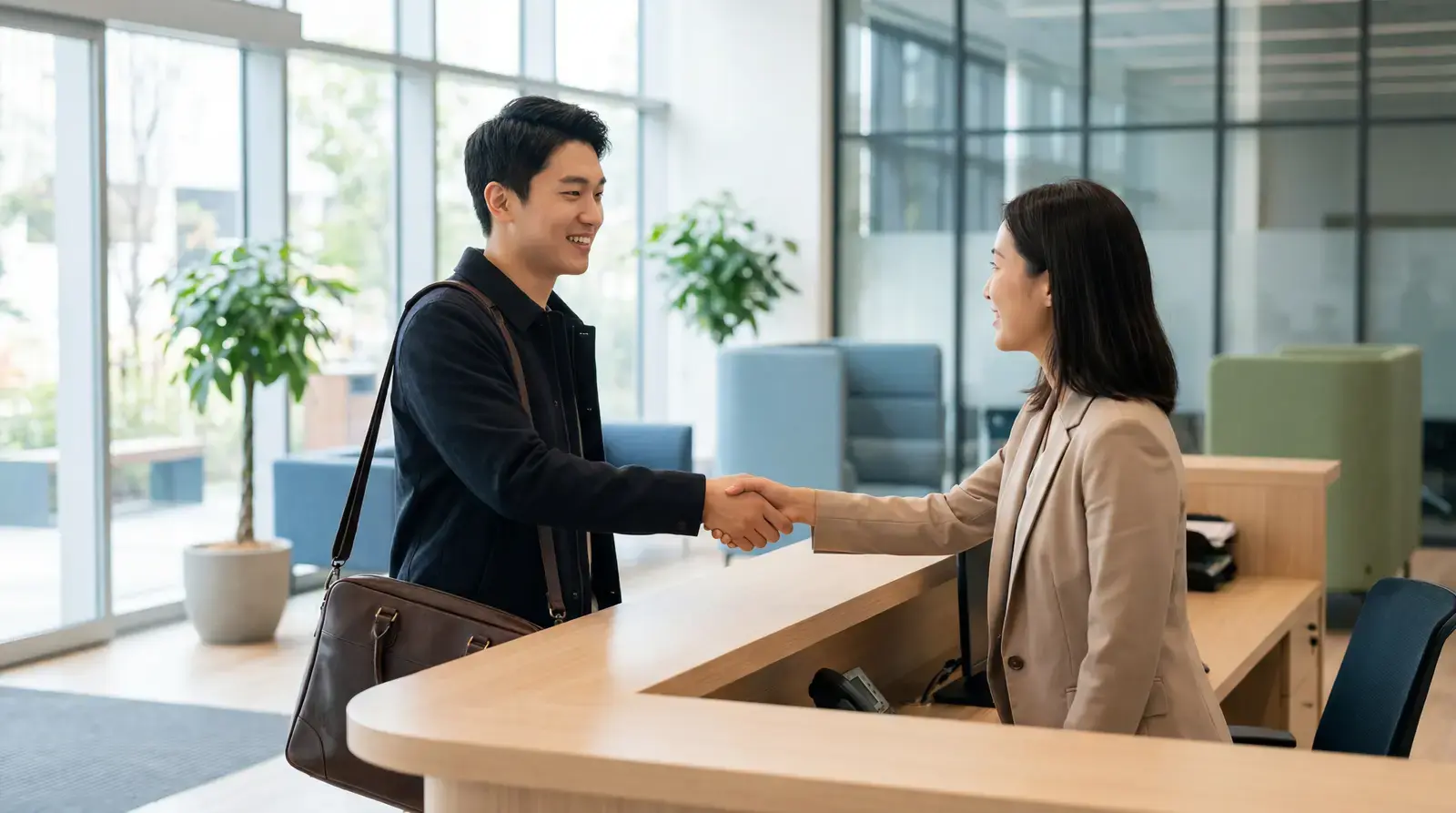 一位專業人員被派進企業報到的示意