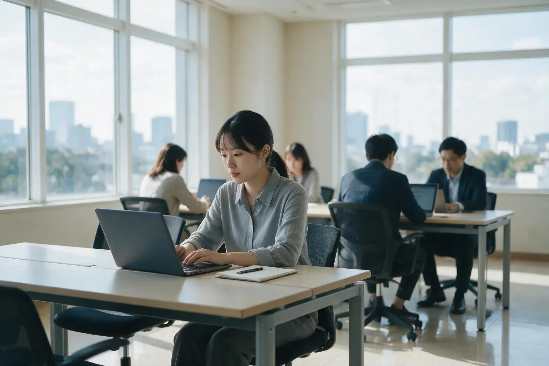 同仁在共用辦公桌使用線上工具處理工作