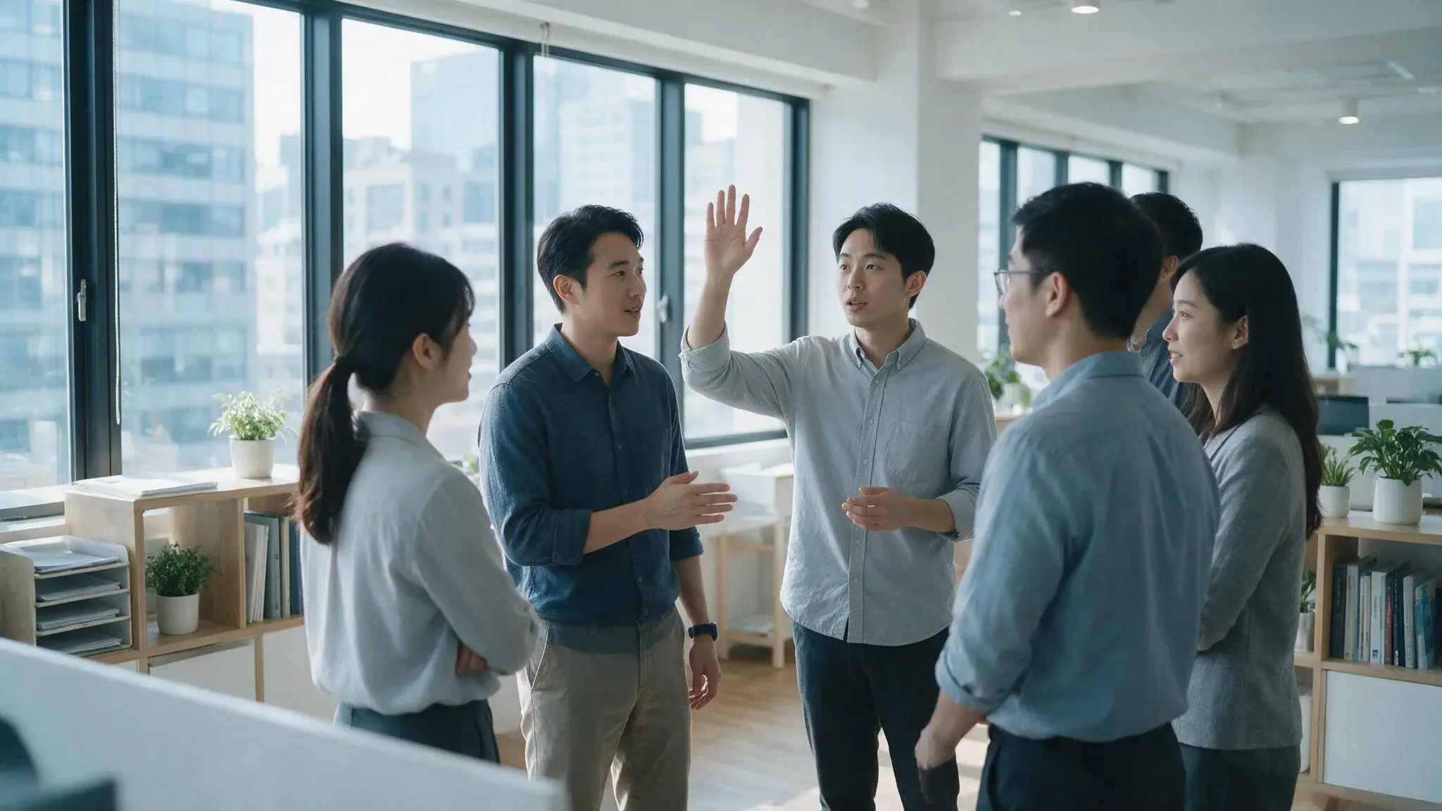 團隊會議中同仁舉手提問的情境