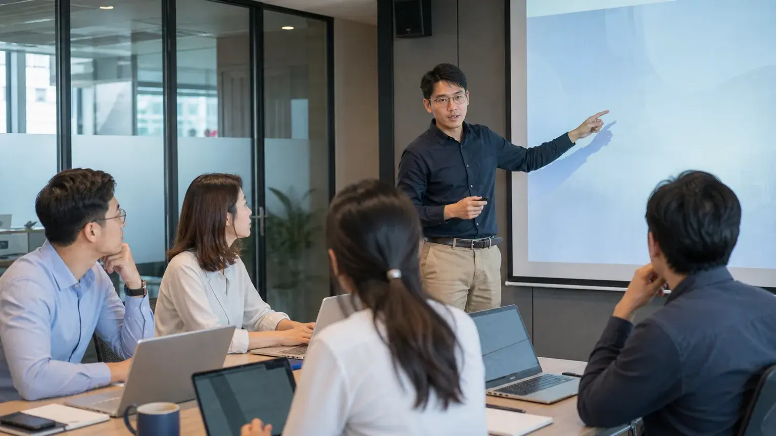 企業內部培訓現場，講師與學員討論工具實際用法