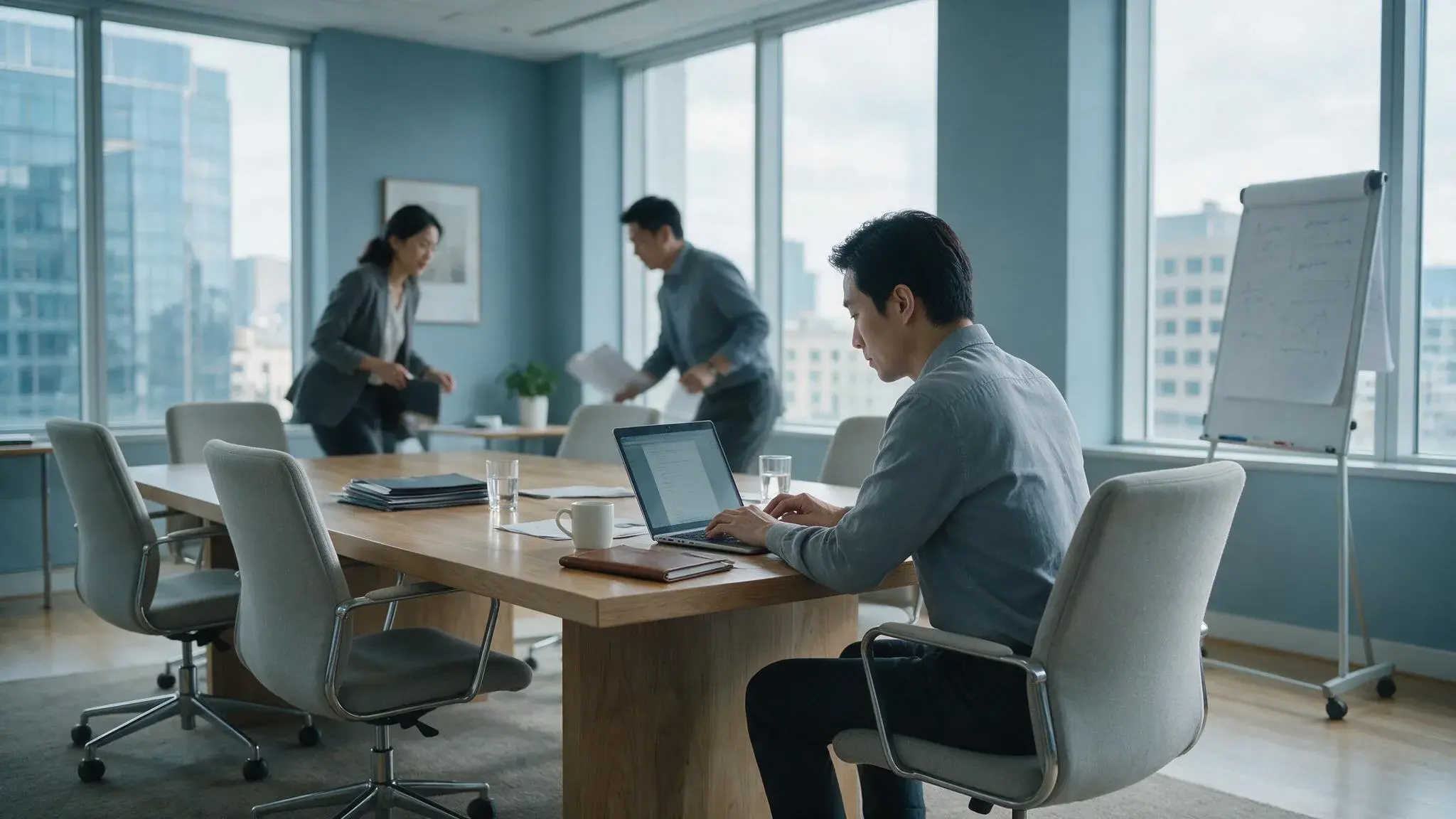 小型企業辦公室中，經營者與同仁進行決策的情境