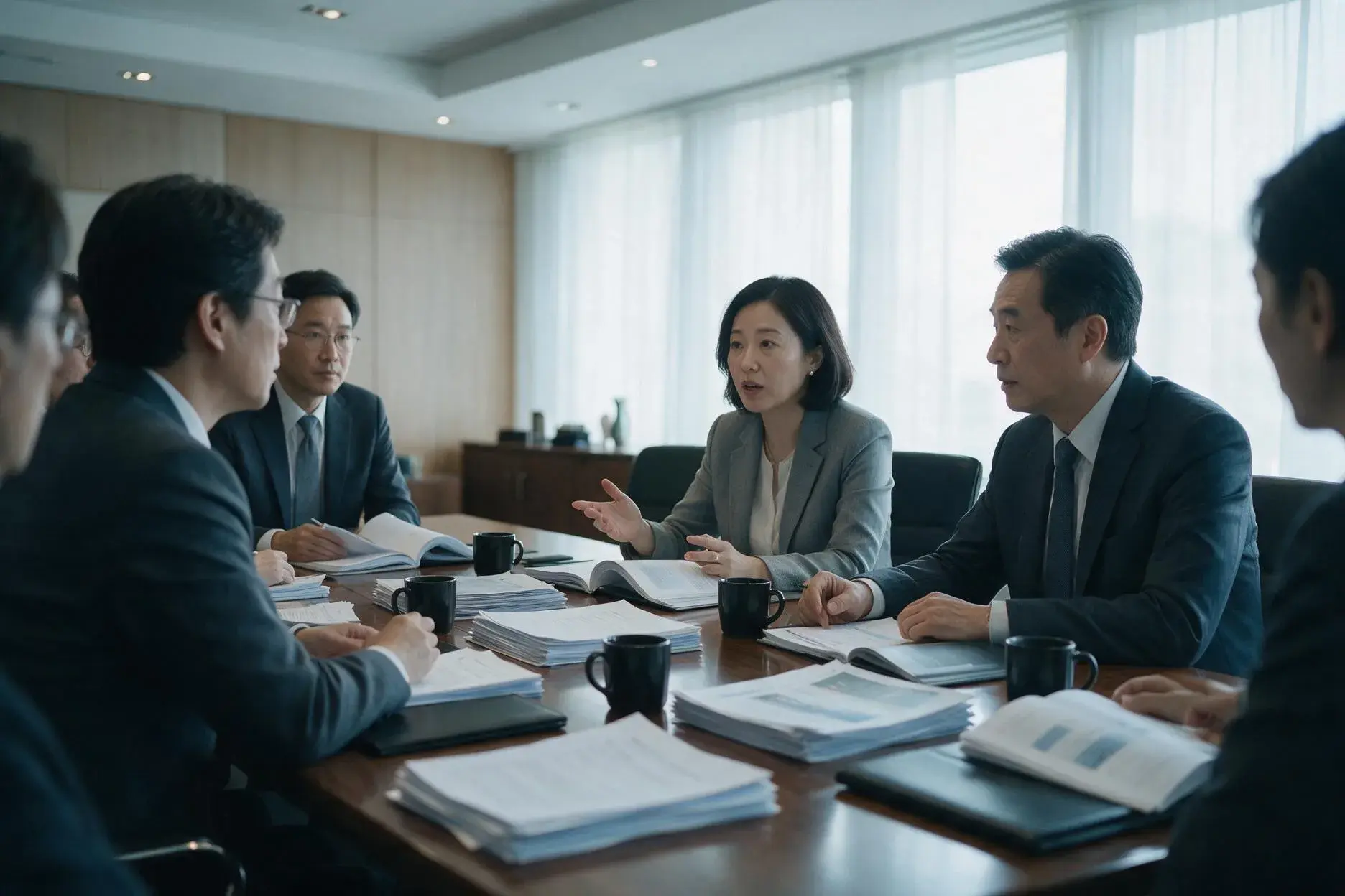 企業主管在會議室進行決策討論的情境