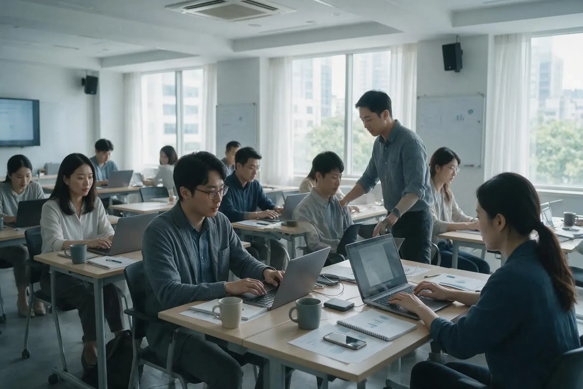 企業教育訓練現場，學員在座位上實際操作練習