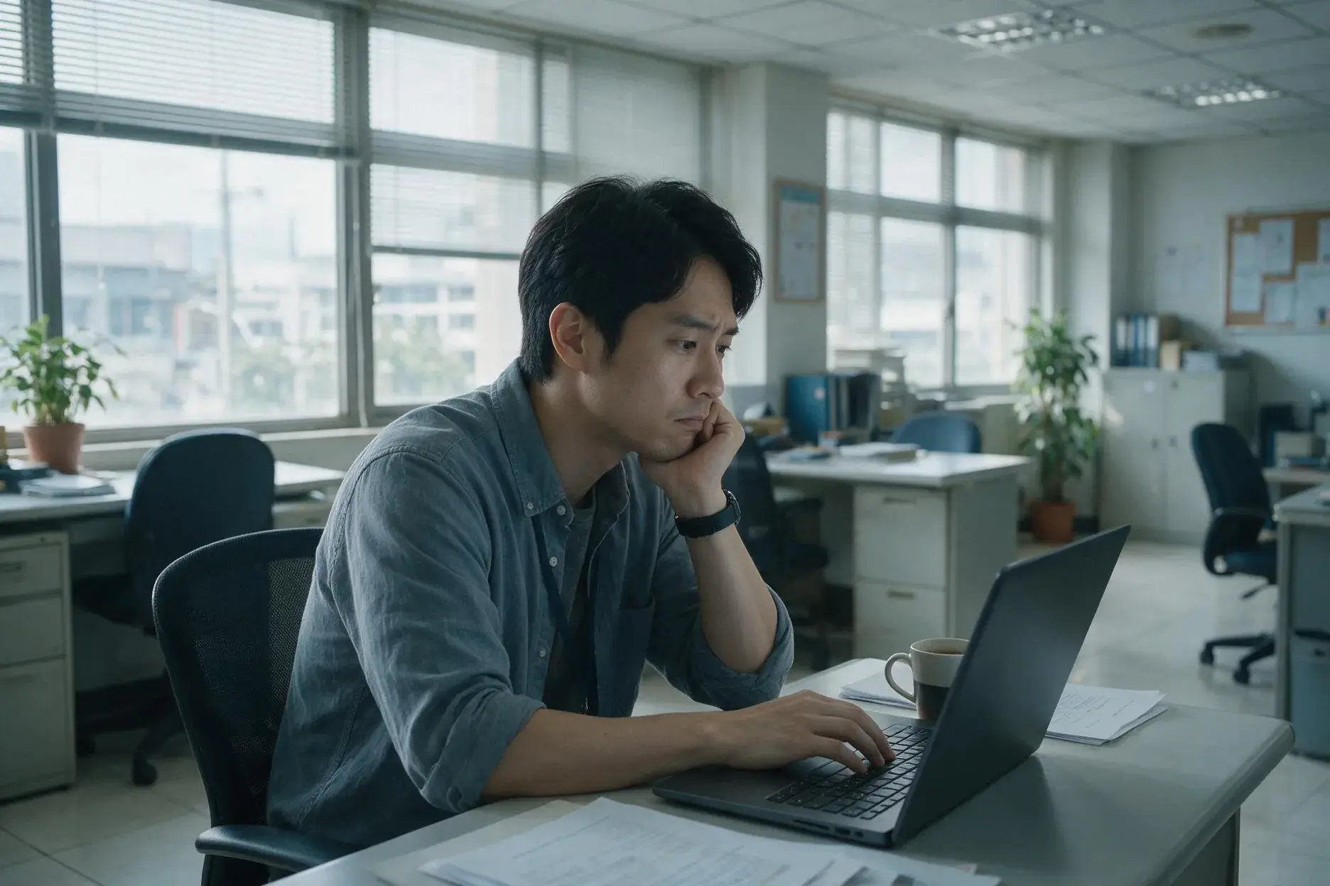 同仁在辦公桌前等待電腦回應的工作情境
