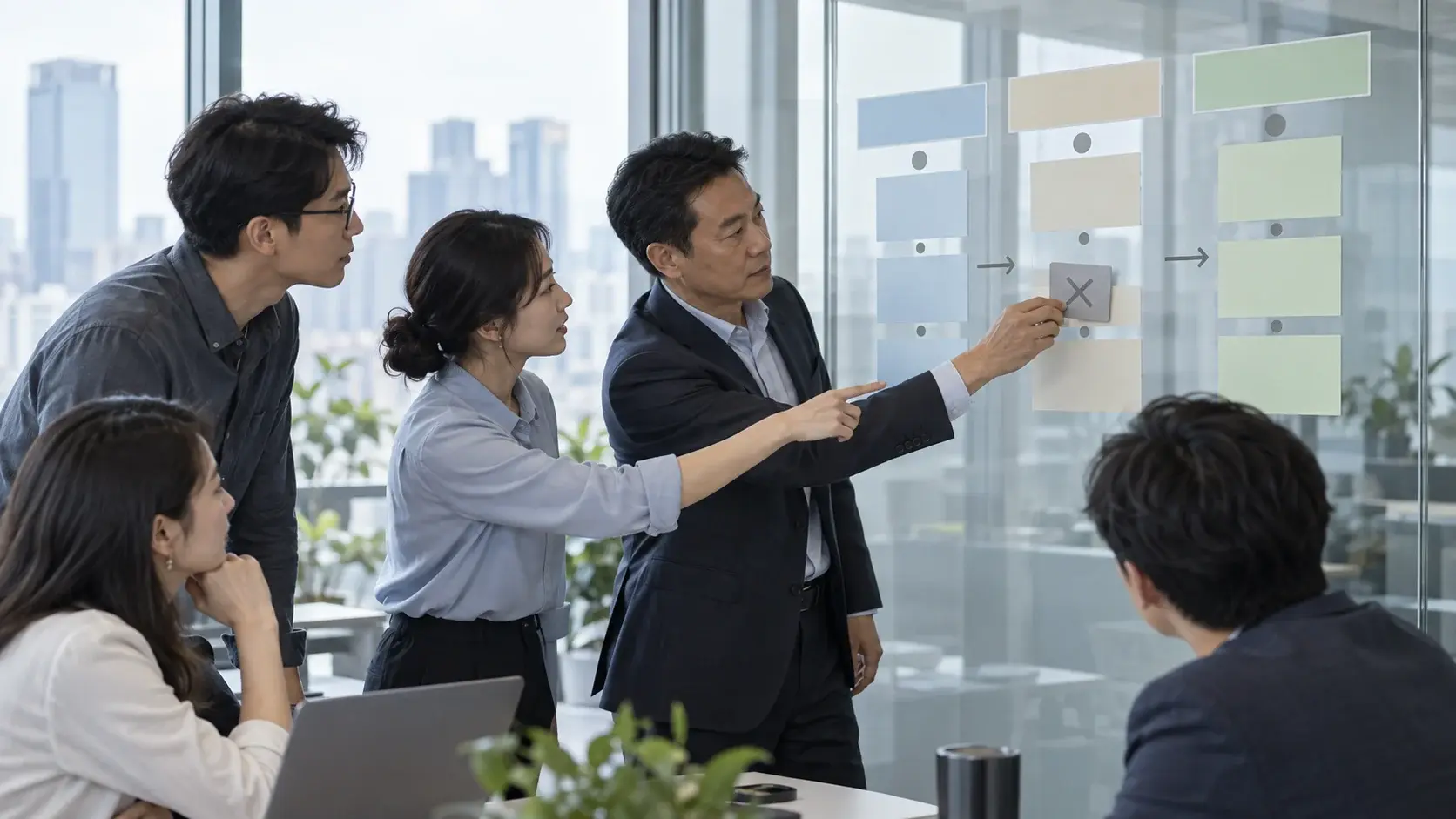 企業主與跨部門團隊檢視 AI 導入九十天路線