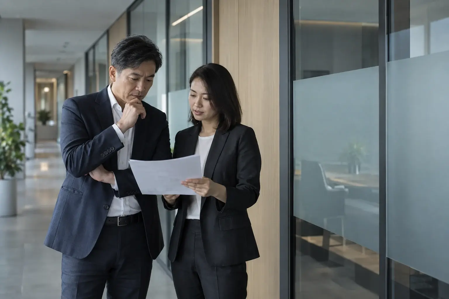企業主與部門主管在辦公室檢視第一份 AI 導入規劃